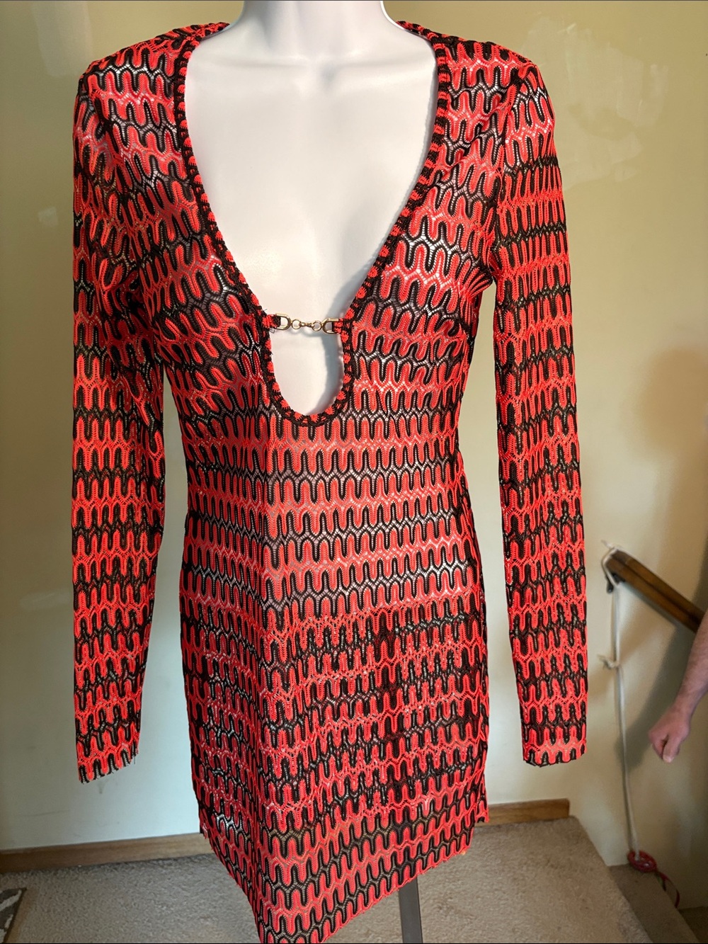 Forever 21 Mesh Red and Black Chain-Front Deep V Mini Dress